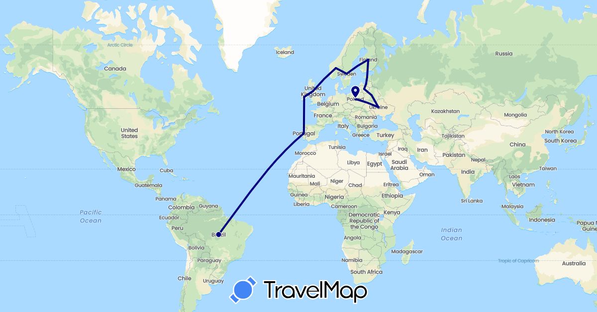 TravelMap itinerary: driving in Belarus, Estonia, Finland, United Kingdom, Ireland, Lithuania, Latvia, Norway, Poland, Portugal, Sweden, Ukraine (Europe)
